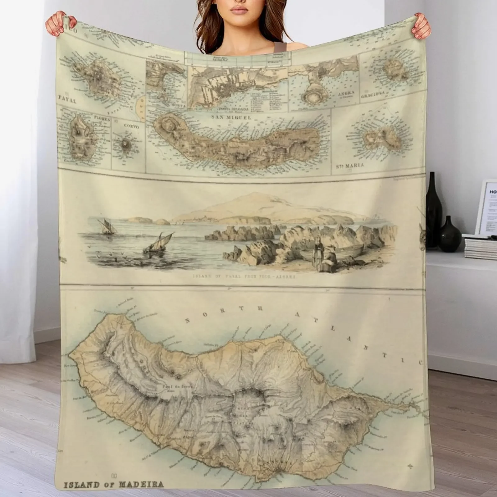 

Old Azores Islands Map (1872) Vintage Portuguese Isles Atlas Throw Blanket Camping Shaggy warm winter Blankets