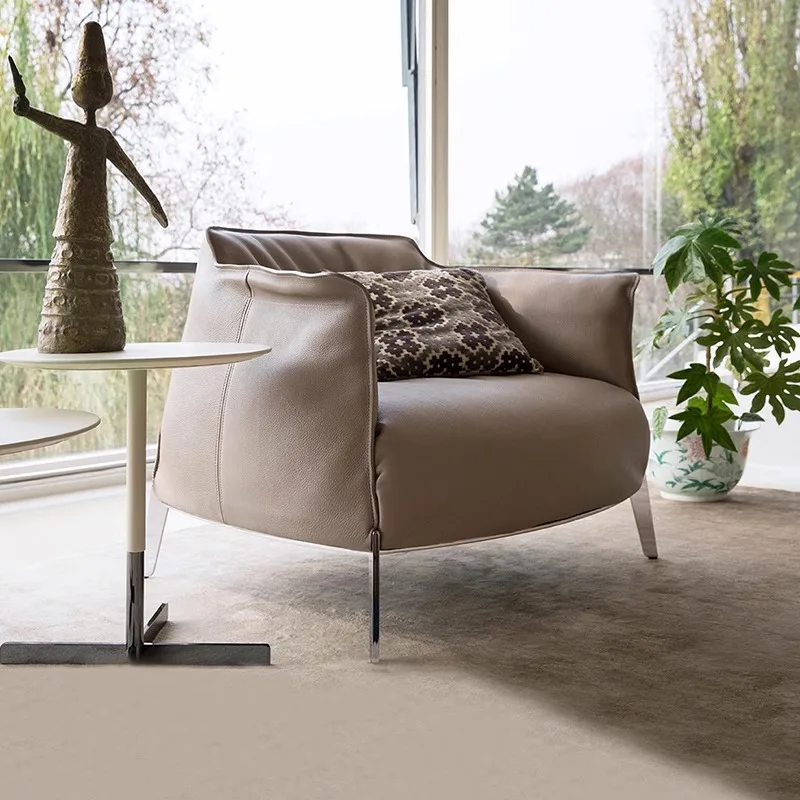 

Italian minimalist single sofa high-end light luxury lazy sofa designer full-grain full green leather single leisure chair