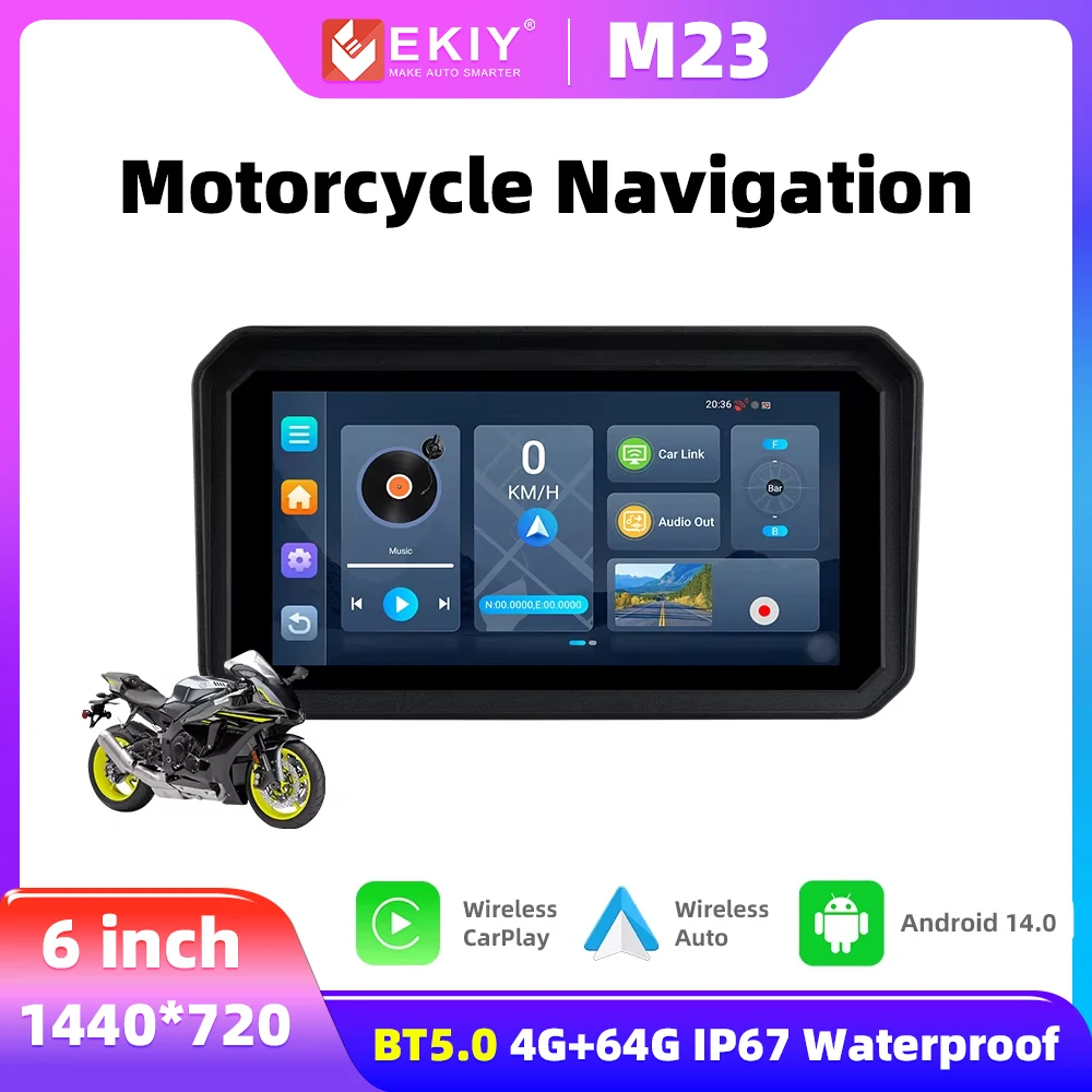 

EKIY 6-дюймовый мотоциклетный карплей-навигатор GPS Android 14.0 4 + 64 ГБ беспроводной Apple Carplay Android Auto мотоциклетный сенсорный экран