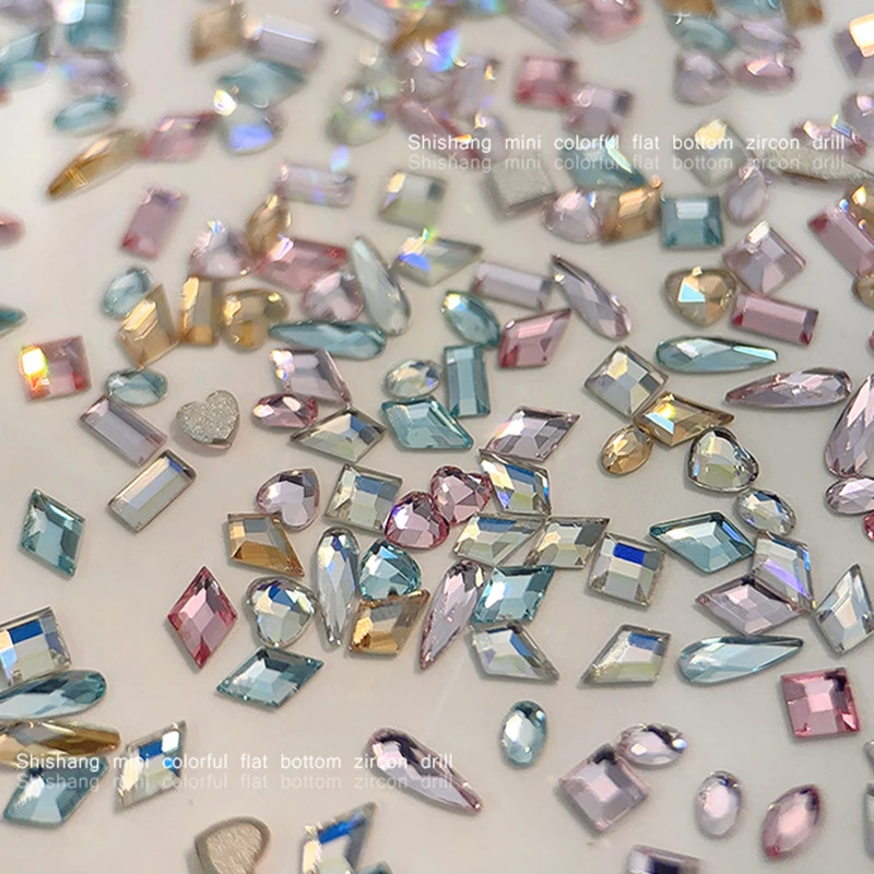 50PCS Sparkle Mini K9 Diamonds Chamfered Flatback Pink Blue Moonlight Nail Art Rhinestones Decorations Manicure Mix Shape Charms