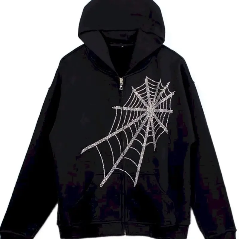 Vintage Hoodies Women Men Spider Web Rhinestones Hoodie Zip Up Hooded Coat Spring Autumn Trend Casual Loose Cardigan Hooded Coat