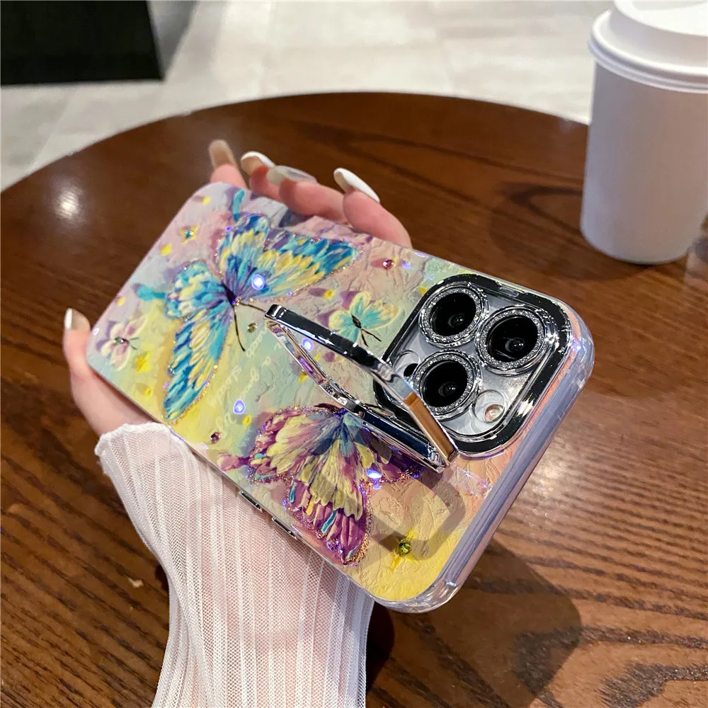 Lovebay Gradient Colorful Butterfly Phone Case For iPhone11 12 13 14 15 Pro Max Glitter Lens Holder Shockproof Back Bumper Cover