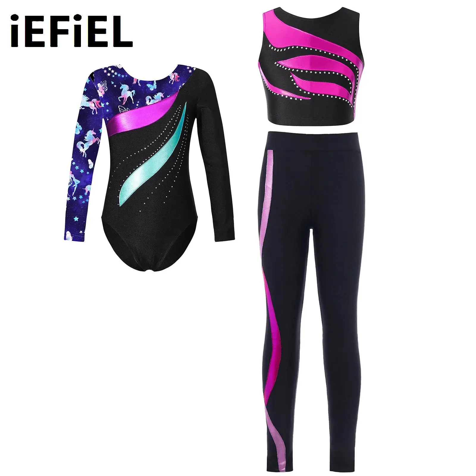 

Kids Girls Gymnastics Dance Sets Long Sleeve Patchwork Printed Leotard with Shiny Rhinestone Decorated Crop Top And Leggings