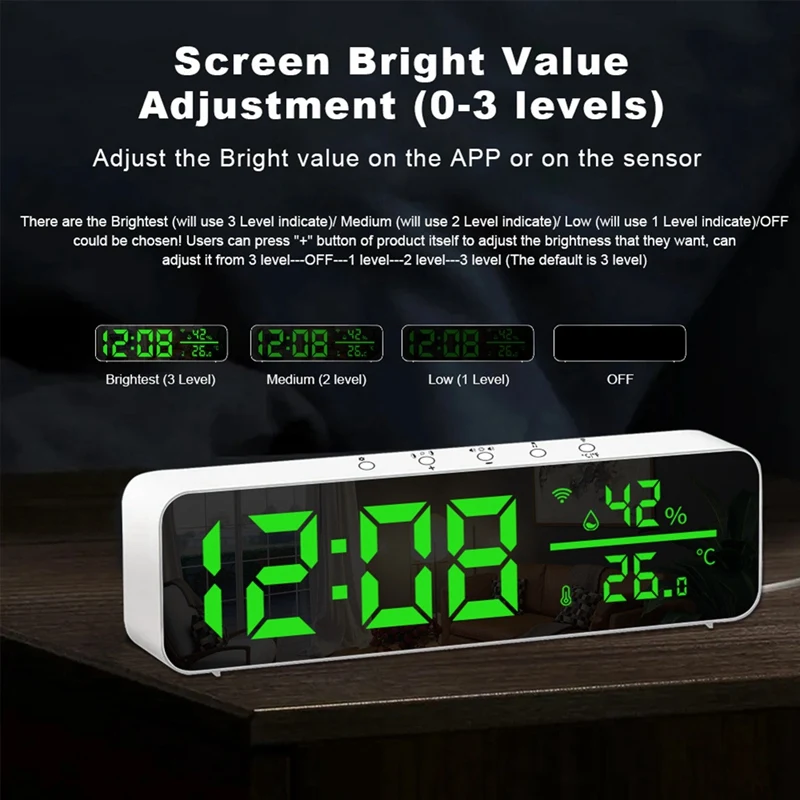 Tuya Wifi Temperature And Humidity Alarm Clock Multi-Function LED Digital Clock For Living Room, Farmhouse, Office