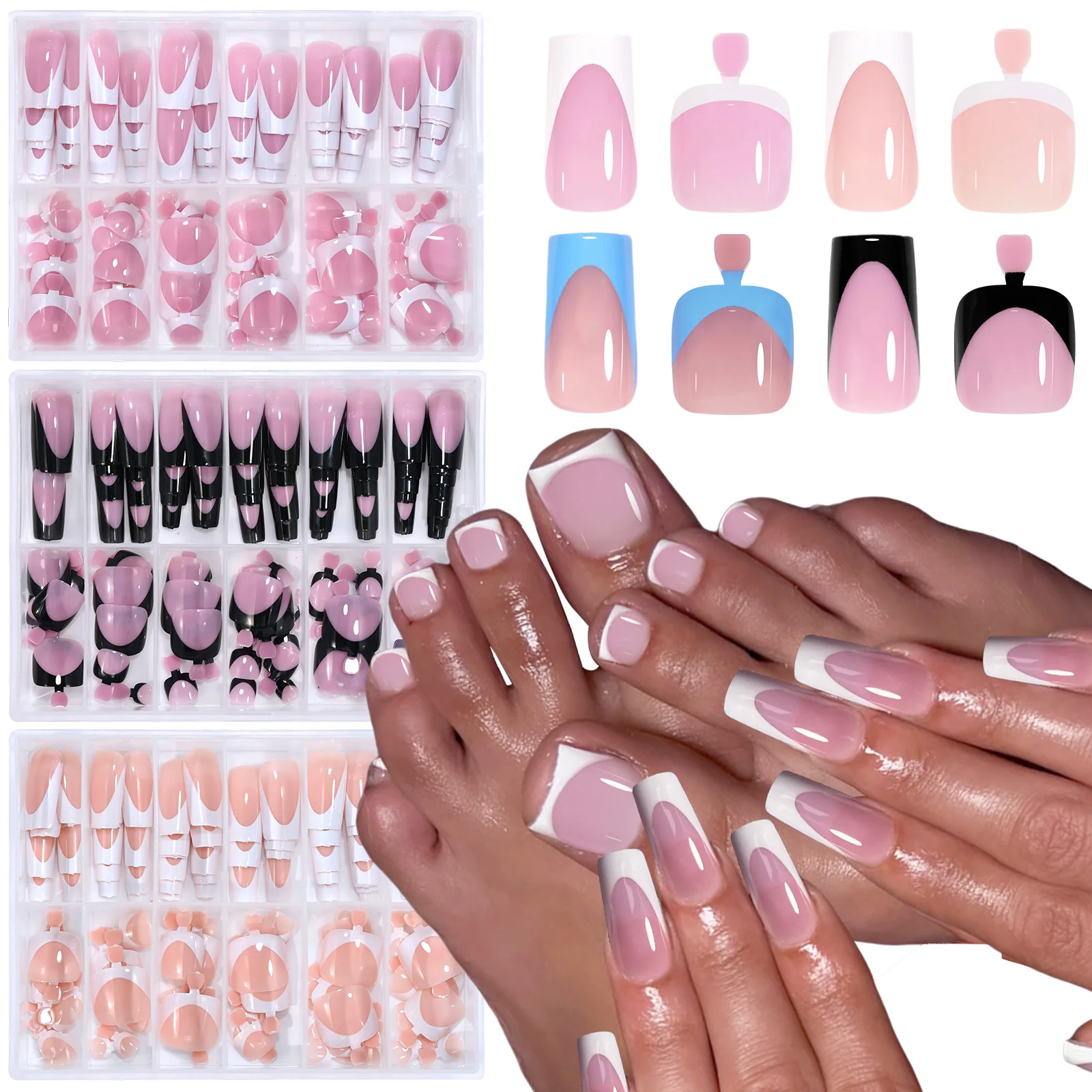 

144pcs French hand and foot wear nail set summer short square shiny false toenail acrylic full coverage suitable for nail salon