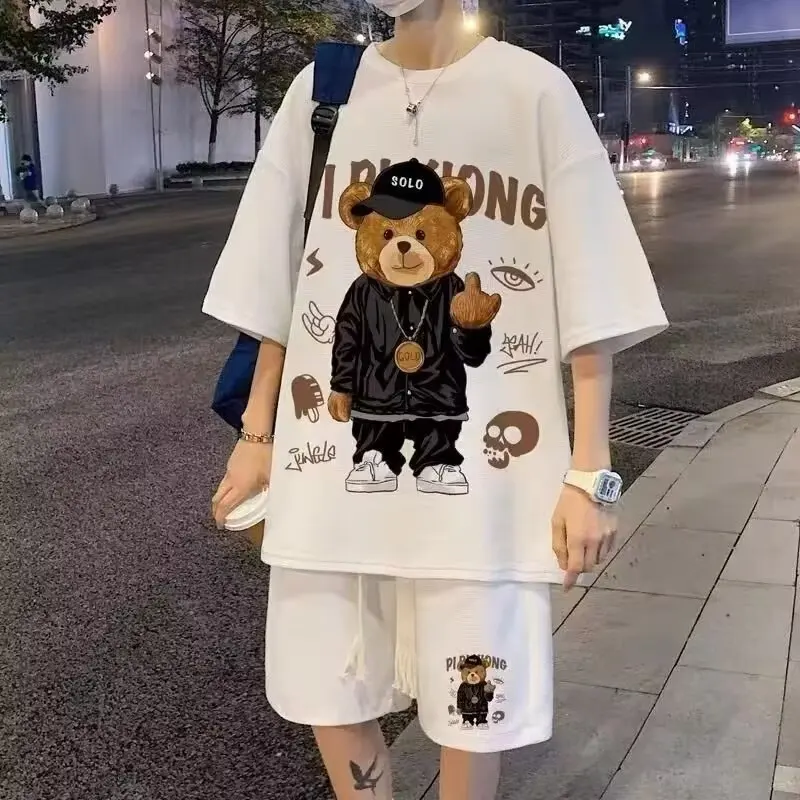 Letni dres Man Cartoon Streetwear Hip Hop Rock Casual krótki garnitur fajny niedźwiedź z nadrukiem wafle T shirty szorty 2-częściowy zestaw nowy