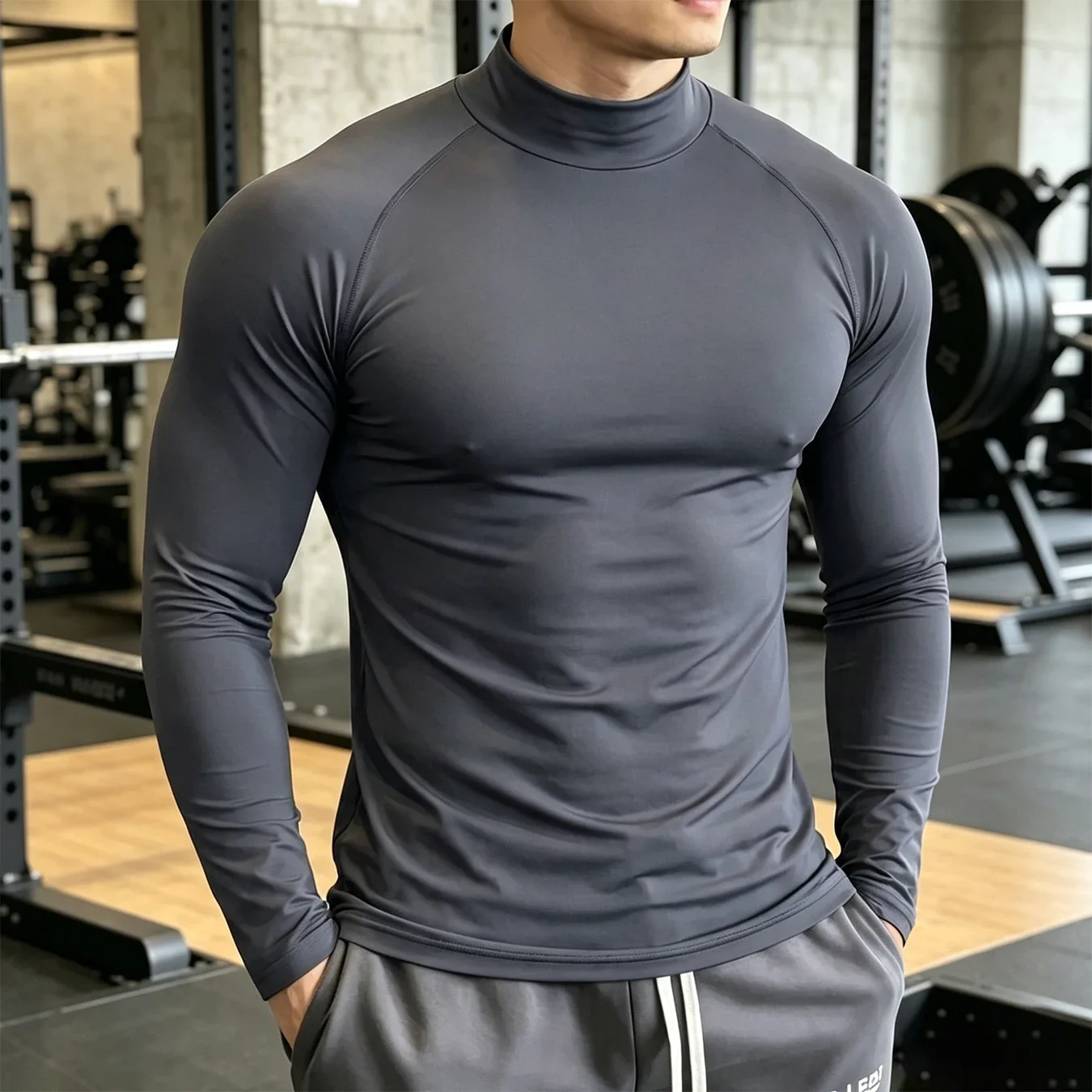 Herren Mock Neck Kompressions-Langarmshirt 4-Wege-Stretch Feuchtigkeitsableitend Schnelltrocknend Muskelunterstützung Fitness Workout Athletisches Basisshirt – Detail 13