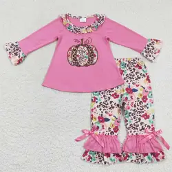 Wholesale Long Sleeves Floral Pumpkin Pink Set Baby Girls Ruffle Flower Pants Infant Children Kids Toddler Thanksgiving Outfit