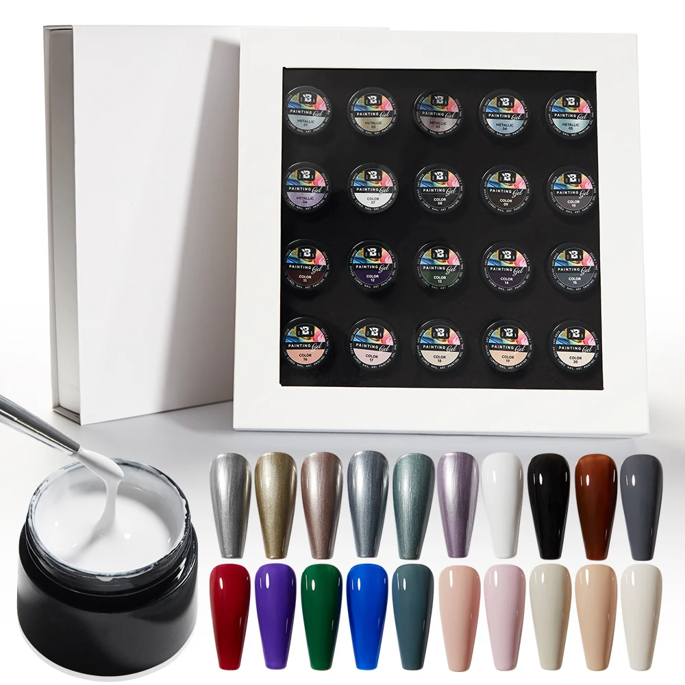 BOZLIN Kit lukis Gel metalik, 20 warna, seni kuku, Pernis, LED UV, pelapis atas Semi permanen untuk manikur Polish