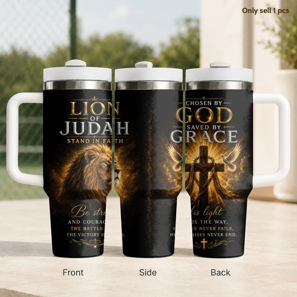 Black Lion Cross Redemption Gobelet isotherme en acier inoxydable 40oz avec poignée et paille, anti-fuite, pour le voyage