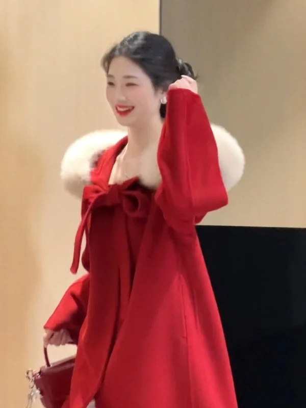 

Elegant Red Double-Faced Woolen Coat with Hood by Shang Tong Gentle Wind Fashionable Commute Style Thickened Moisture-Wicking