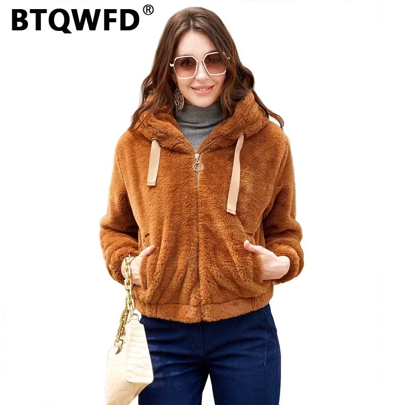 

BTQWFD Women Short Jackets Winter Plush Parka Hooded Coats Female Clothing 2022 New Outwear Autumn Winter Long Sleeves Outerwear