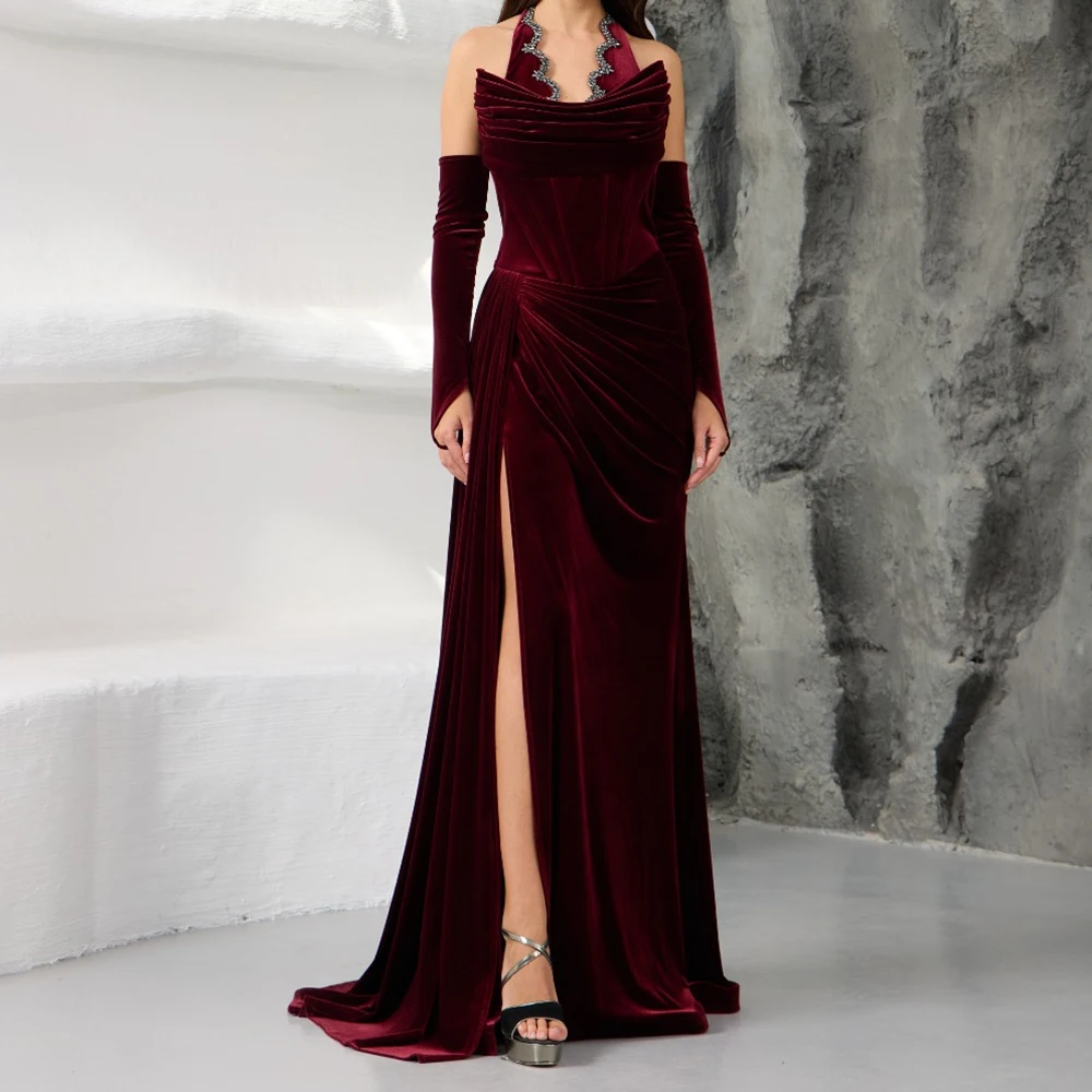 

Вечерние платья русалки по индивидуальному заказу, длиной до пола, с открытой спиной, с рукавами три четверти, платье для выпускного вечера, модное драпированное вечернее платье со складками и кристаллами