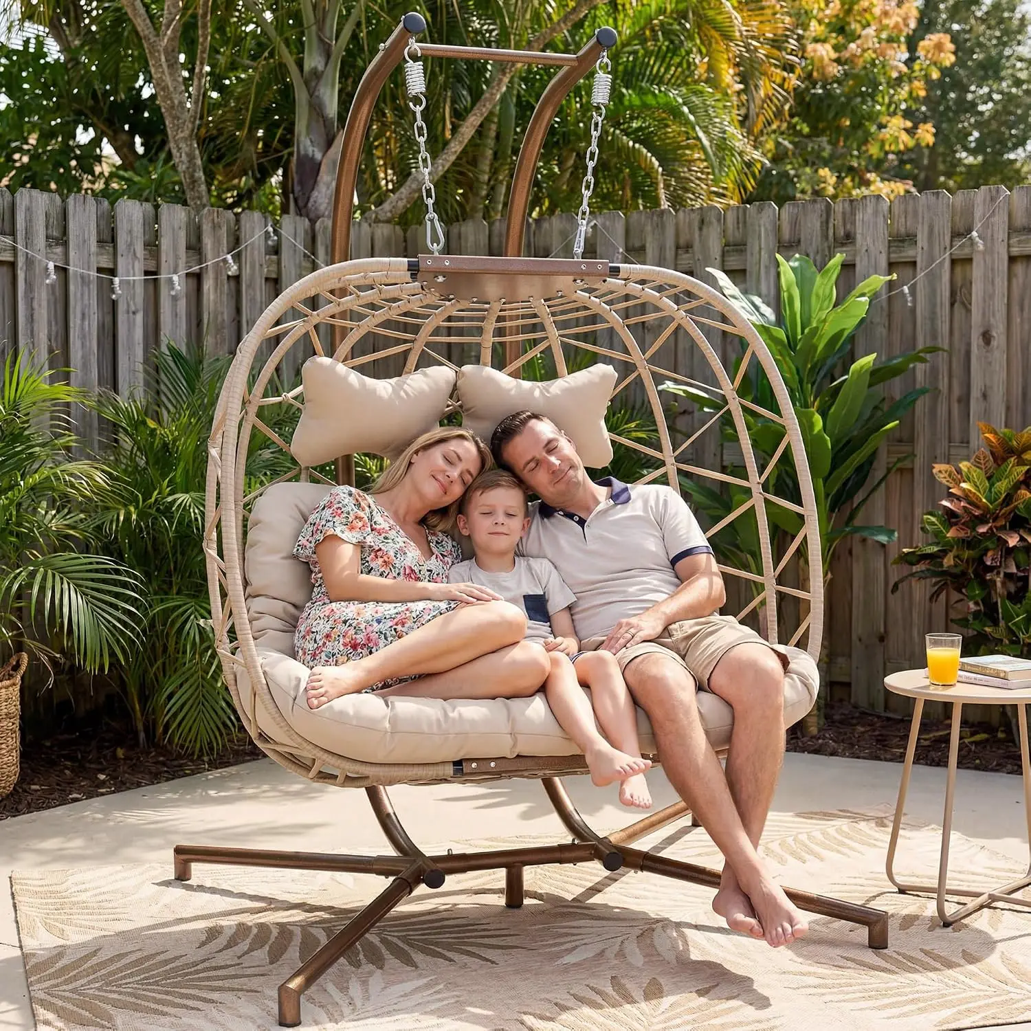 Double Egg Swing Chair with Stand,Foldable Wicker Loveseat with 5