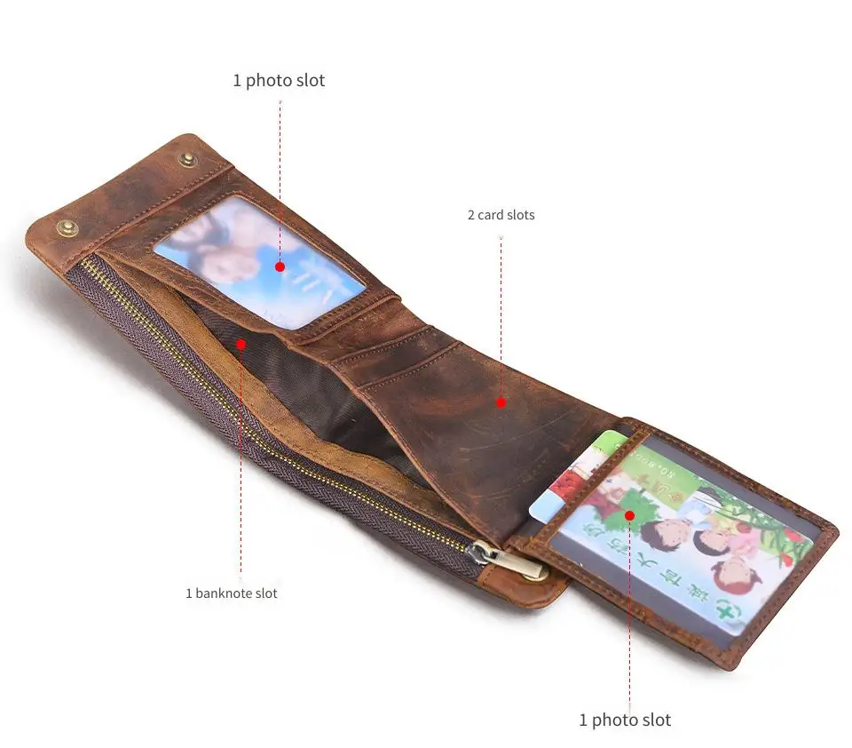 YETTIES Herren-Pull-Up-Geldbörse aus genarbtem Leder, kurzer Bifold-Reißverschluss mit abnehmbarer Kette, praktische Retro-Clutch für Herren – Detail 4