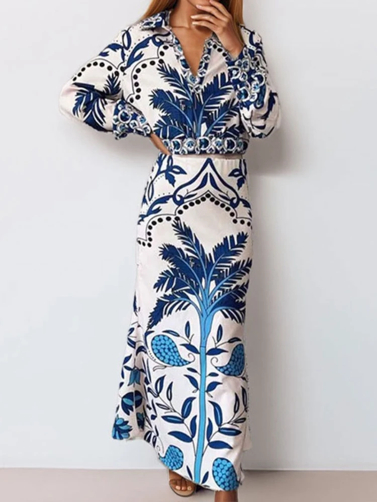 

Fashion Vintage Prints Office Lady Two-piece Set 2025 New in Spring Summer Elegance Casual V-neck Long Sleeves Skirt Sets