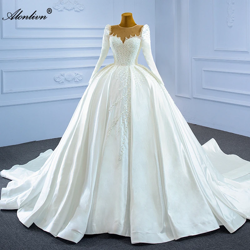 

Alonlivn Real Photo Princess Ball Gown Wedding Dresses With Full Of Beading Pearls Long Sleeves Satin Bridal Skirts