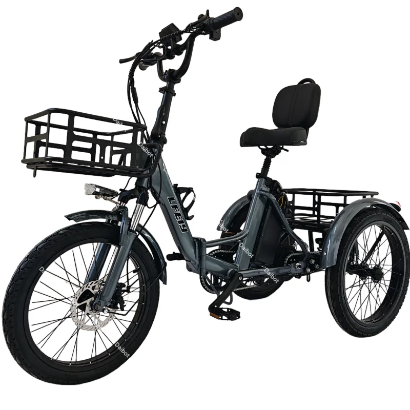 350W 48V 3-wiel lichtgewicht opvouwbare elektrische fiets met mandje, elektrische fiets blauw voor volwassenen mannen elektrische driewieler