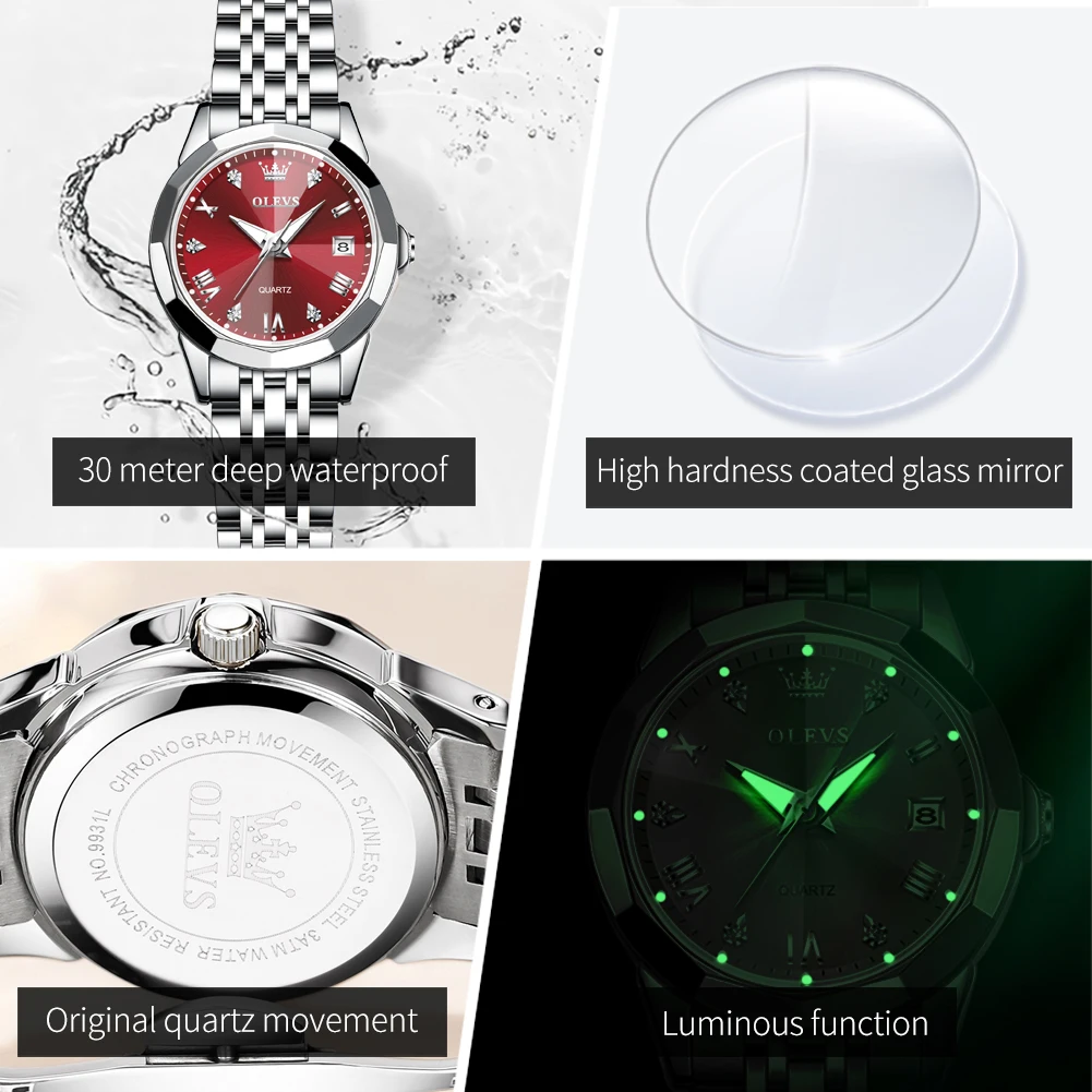 OLEVS Fashion Rhombus Design Quartz Watch for Women Luxury Stainless Steel Waterproof Luminous Ladies Watches Relogio Feminino