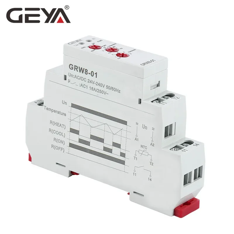 GEYA GRW8-01/02 Din Rail Temperature Control Relay 16A AC/DC24-240V with Waterproof NTC Sensor Heating & Cooling