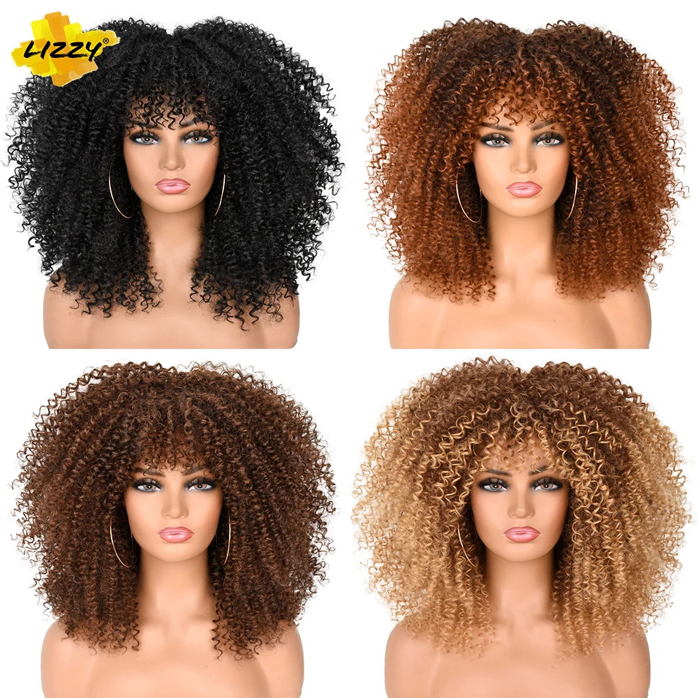 Lizzy-Afro Kinky Curly Perucas com Franja para Mulheres Negras, Cosplay Sintético, Cabelo Curto, Peruca Loira Ombre, Alta Temperatura, Africano, Lizzy, 16"