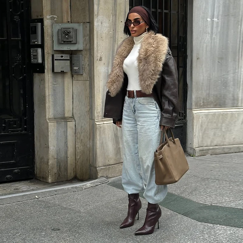 

Stylish Trendy Motorcycle Leather Jacket Loose Retro Warm Women Outerwear Autumn Winter Versatile Street Wear