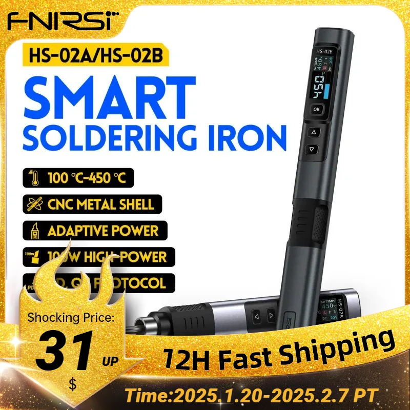 FNIRSI HS-02 Smart Electric Soldering Iron PD 100W Adjustable Constant Temperature Fast Heat Portable Soldering Iron Station Kit