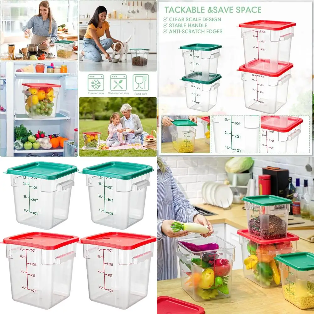 

Set of 4 Food Storage Containers - 8 Qt & 4 Qt with Lids, Handles, and Scales, Heavy-Duty Polycarbonate, Airtight for Home and C
