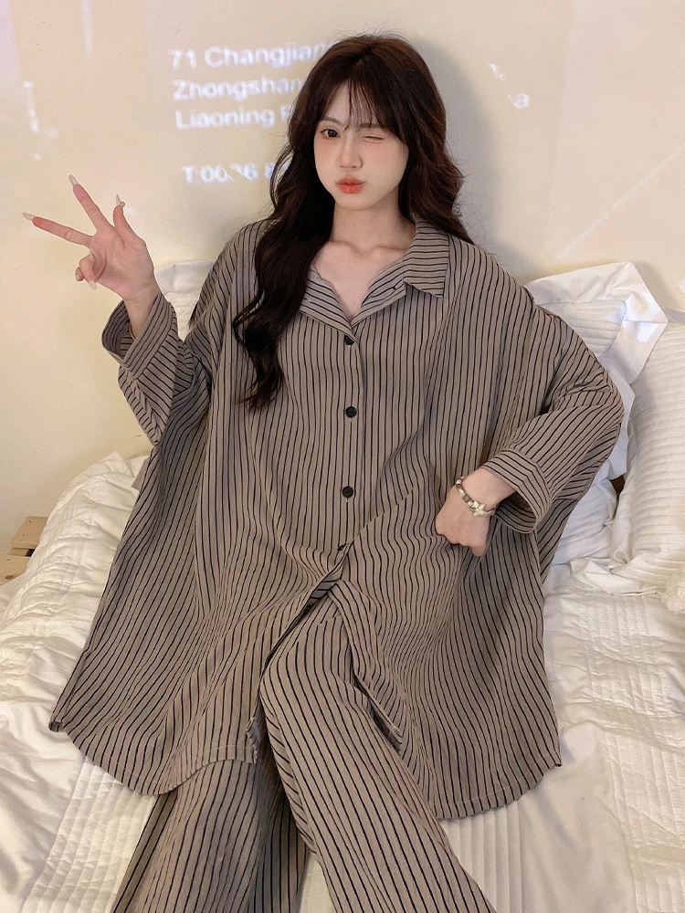 

DAIMELU spring and autumn pajamas set women nightgown long-sleeved striped cloud cotton high-end sleepwear lady loungewear suit