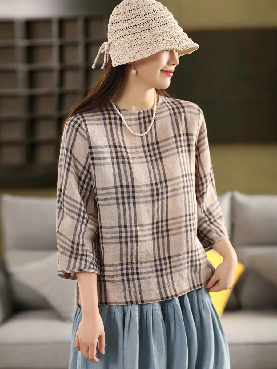 

Women's Linen irt round Ne Heavyweight Color Woven Plaid Overhead Dr irt Commute Sle Loose Fit Regular Sve