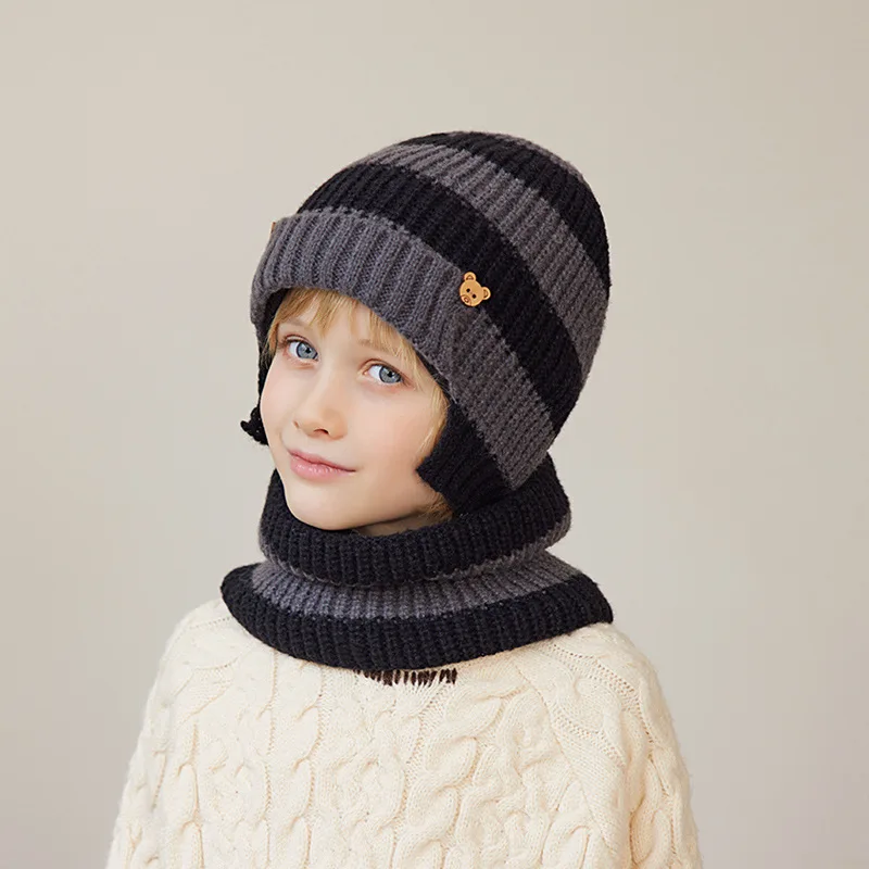 Tampão de fios de lã infantil, manter quente Beanie, Scarf Set, Stripe Knit, Earflap Hat, Meninos, Meninas, Crianças, Inverno, Novo, 2 pcs