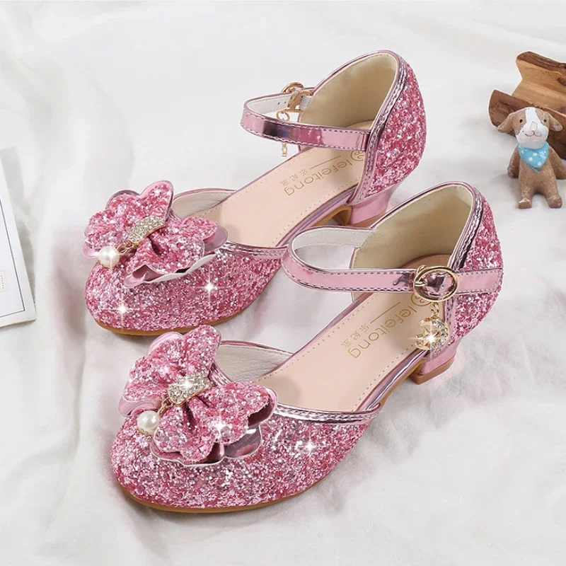 Children\'s Sandals for Party Wedding Elegant Bowknot Kids Girls Versatile Sequins High-heels Fashion Pearl Princess Single Shoes