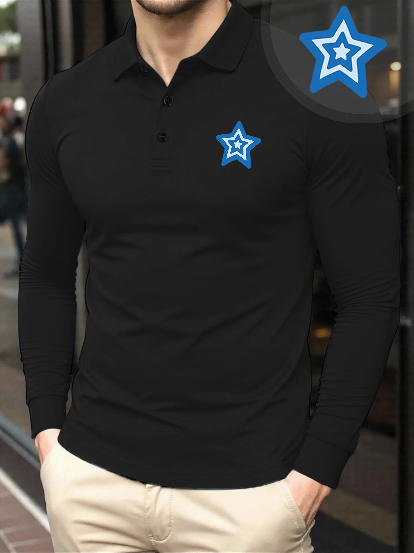 

Creative Blue Star Printed Polo Shirt Men Soft Turn-Down Collar T Shirts Breathable Autumn Streetwear Fashion Casual Long Sleeve