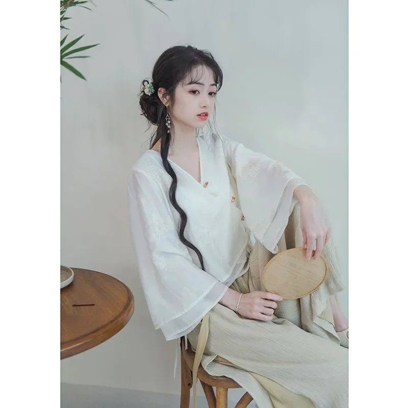 

Chinese Traditional Style Women Costume White Floral Embroidery V Neck Loose Top Apricot Light Wide Leg Pant 2pcs Tang Suit