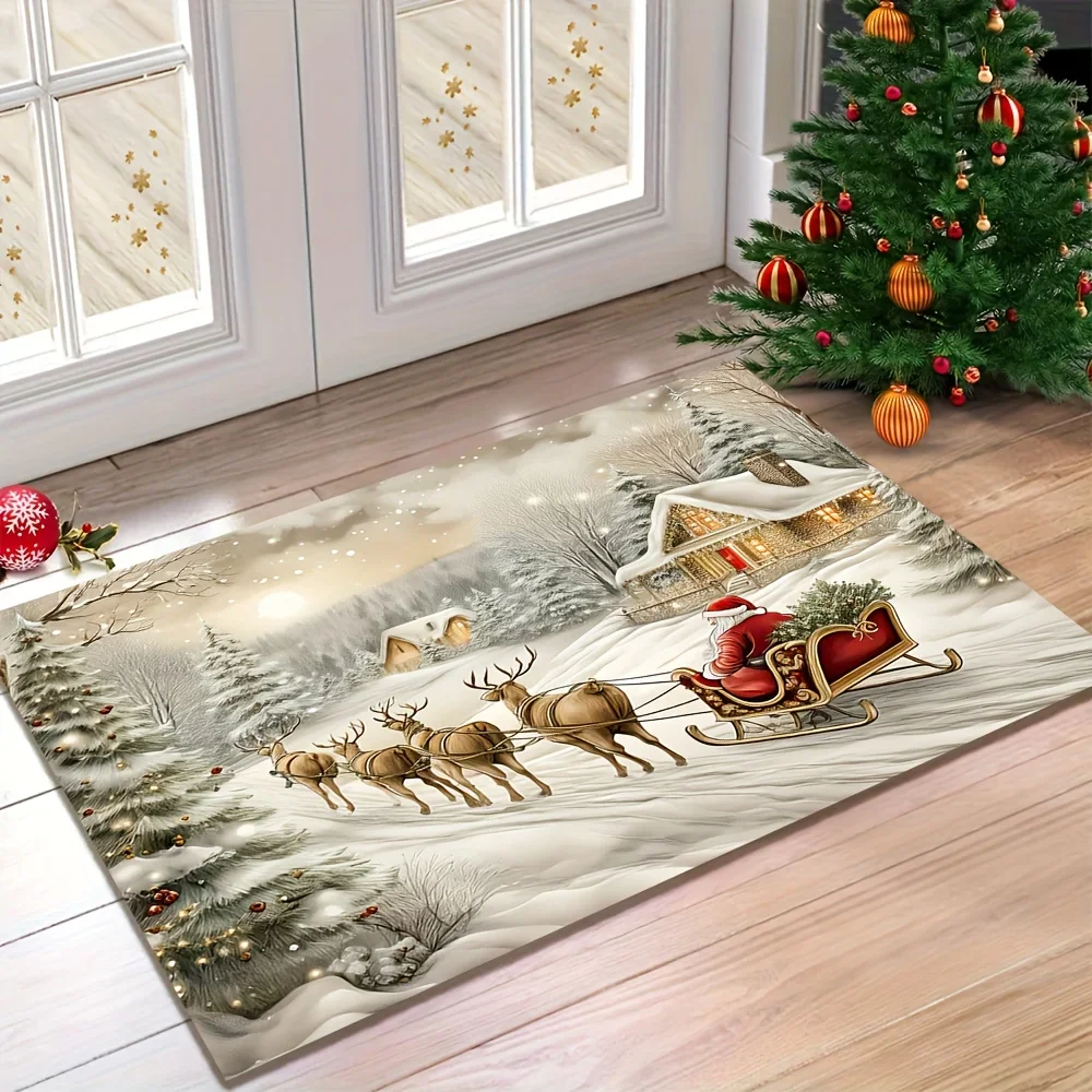 Santa Claus Reindeer Sleigh Doormat, Snowy Winter Scene with Cozy Cabin Design, Machine Washable Christmas Mat for Holiday Decor