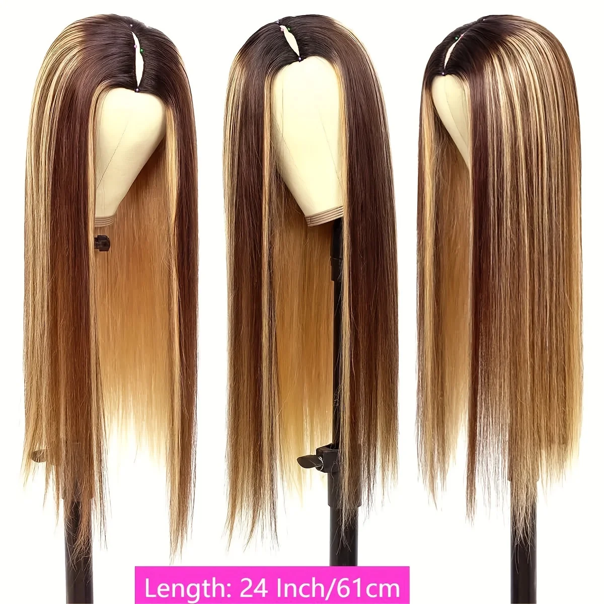 Glueless Wear Go Highlight V Part Straight Human Hair Wig Honey Blonde 4/27 Colored Wig No Leave Out No Glue Needed V Shape Mach