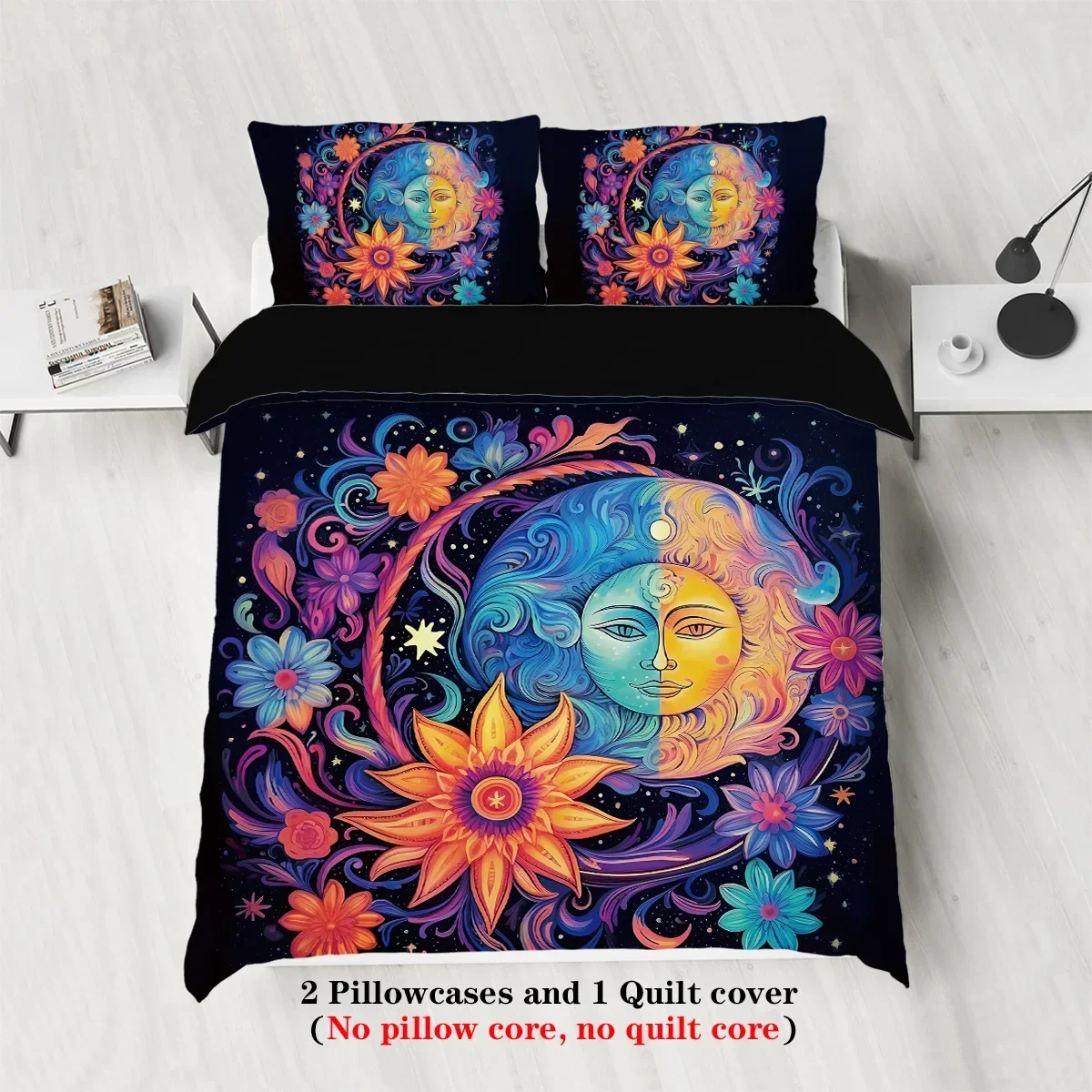 طقم سرير مطبوع بنمط وجه الشمس والقمر مكون من 3 قطع، 1 * غطاء لحاف + 2 * كيس وسادة، لغرفة نوم المراهقين والكبار، هدية عيد ميلاد