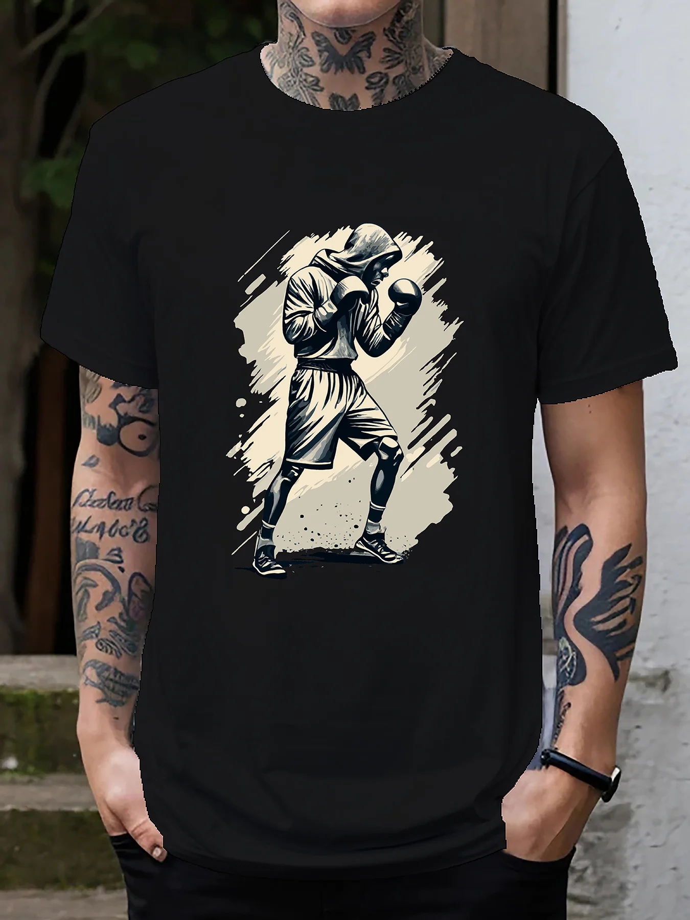 Hooded Boxer Fighter Mens Crew Neck T Shirt Vintage Boxing Athlete Graphic Short Sleeve Tee Training Sports Fan Male Street Tops