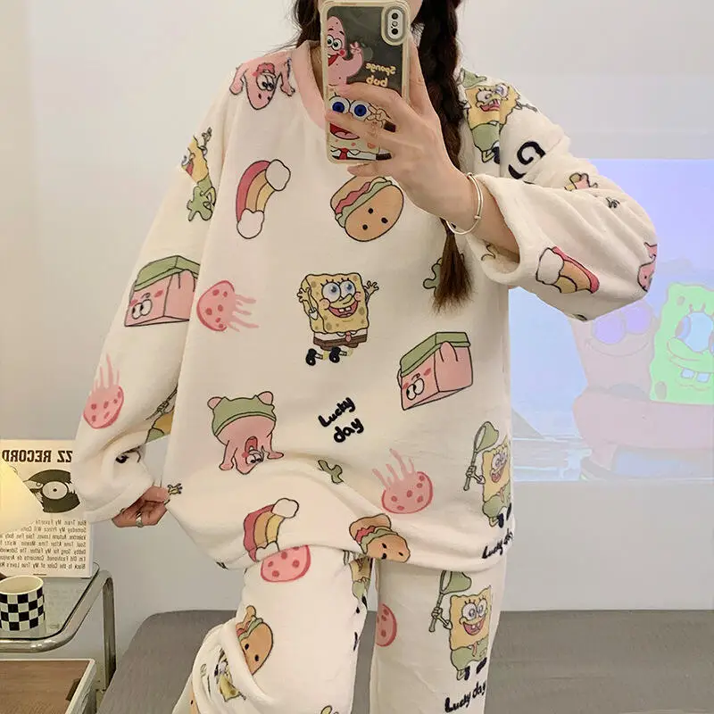 Girls' New Warm Long-Sleeved Pajamas Set Kawaii Women's Thickened Trousers Home Clothes Students Korean Fashion Two-Piece Tops