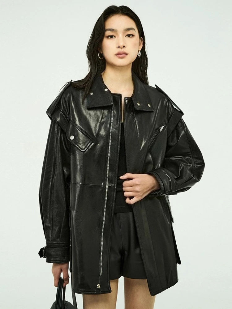 

Casual Black Genuine Leather Windbreaker Jackets for Women Autumn Winter 2026 New Simple Vintage Real Sheepskin Coat with Belt