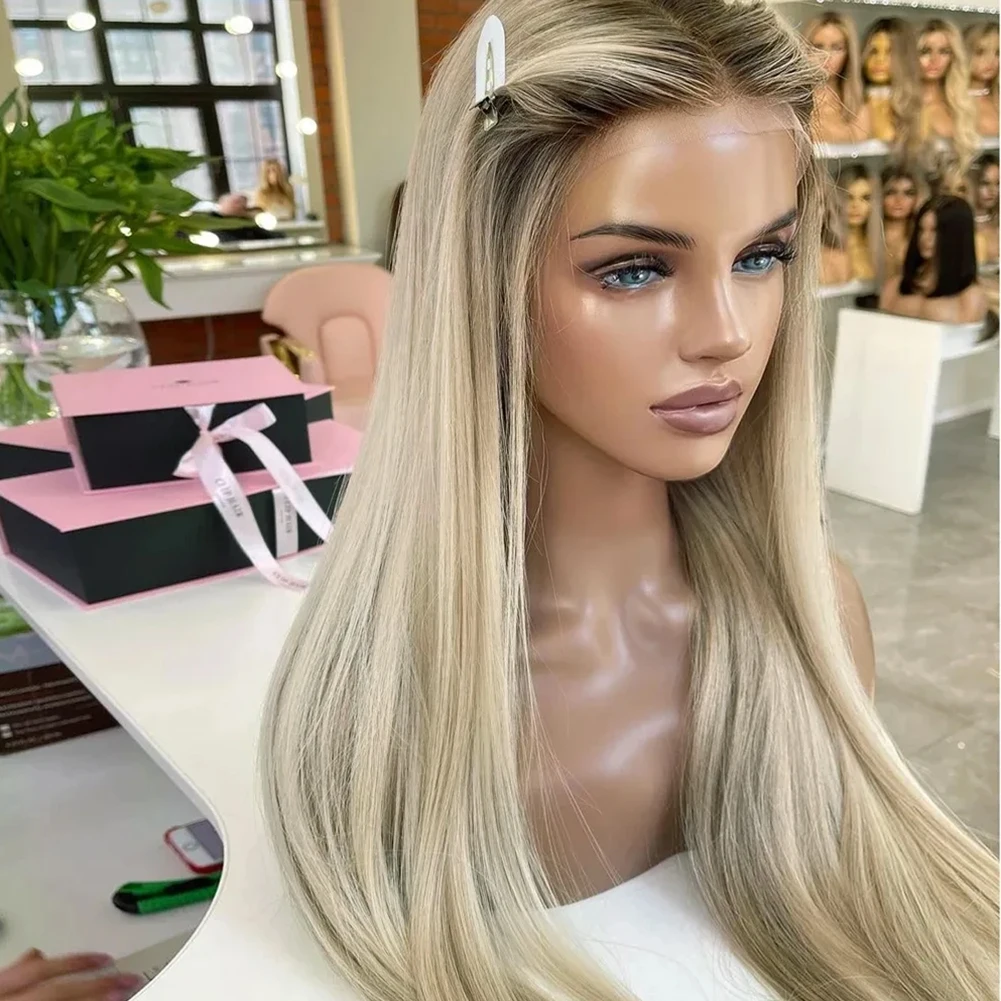 AIMEYA Ombre Ash Blonde Colored Highlight Wig Straight Synthetic Hair Lace Front Wigs Frontal Lace Wigs for Women Daily Wear Wig