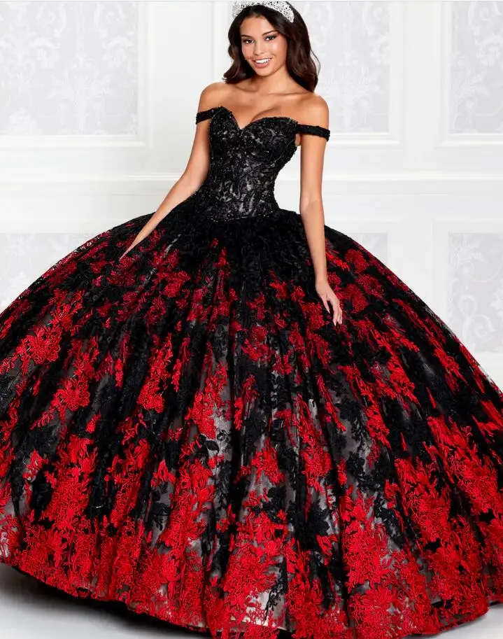 Black Red Gothic Puffy Quinceanera Dresses Off Shoulder Lace Applique Beaded Corset Bustle Sweet 15 Gown vestido de debutante