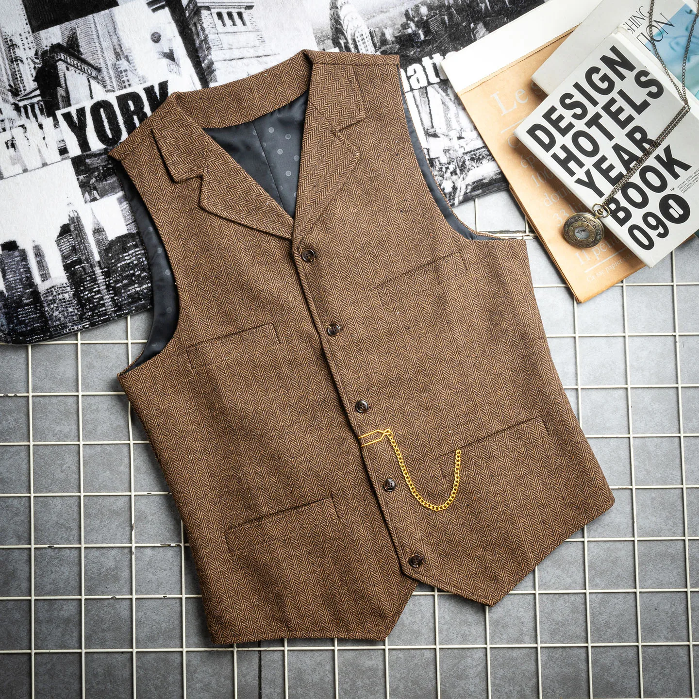 

Ретро Briti Коричневый в мелкую клетку с рисунком Busin Повседневный облегающий жилет Мужской Sle No Sve Jaet Осенний модный тренд Молодежный пи...