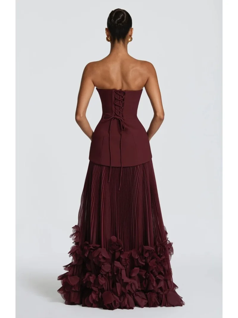 Image of Damen Trägerloses Korsett-Kleid mit Korsage, Burgunderrot, Plissierter Tüllrock, Rüschen-Blumenbesatz, Schnürung am Rücken, Abendkleid für Festliche Anlässe