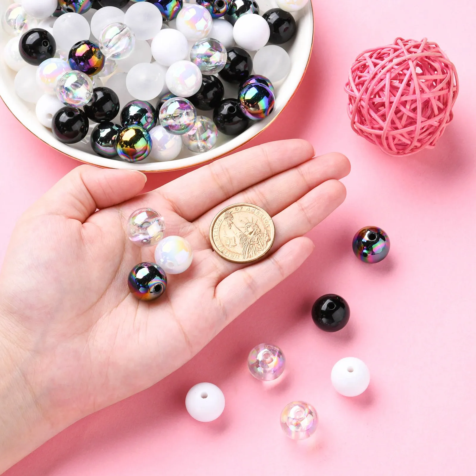 PandaHall 100 Stück 15mm AB-Farbige Runde Perlen Weiß & Schwarz Acrylperlen Runde Bubblegum-Perlen für Schmuck- und Armbandherstellung – Detail 4