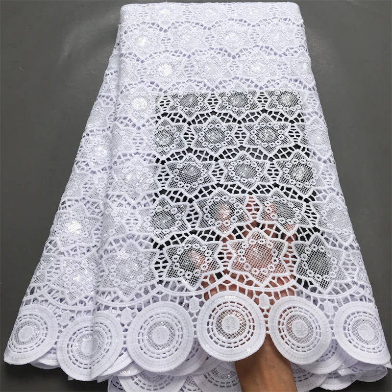 White Sequence Sequins Nigerian Cord Guipure Lace Fabric 2024 High Quality 5 Yards Water Soluble African Lace Fabric for Dress