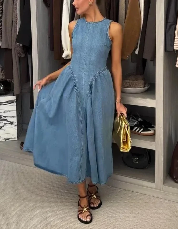 

Сексуальное шикарное платье, однотонное джинсовое платье без рукавов с круглым вырезом и открытой спиной, модное весенне-летнее праздничное платье для свиданий