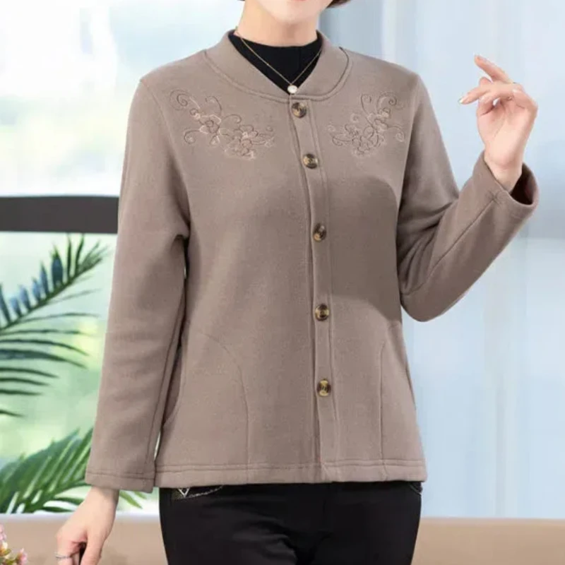 Simplicity Casual Autumn/Winter Women's V-Neck Embroidered Single Breasted Fashion Long Sleeve Plus Velvet Cardigan Coat Tops