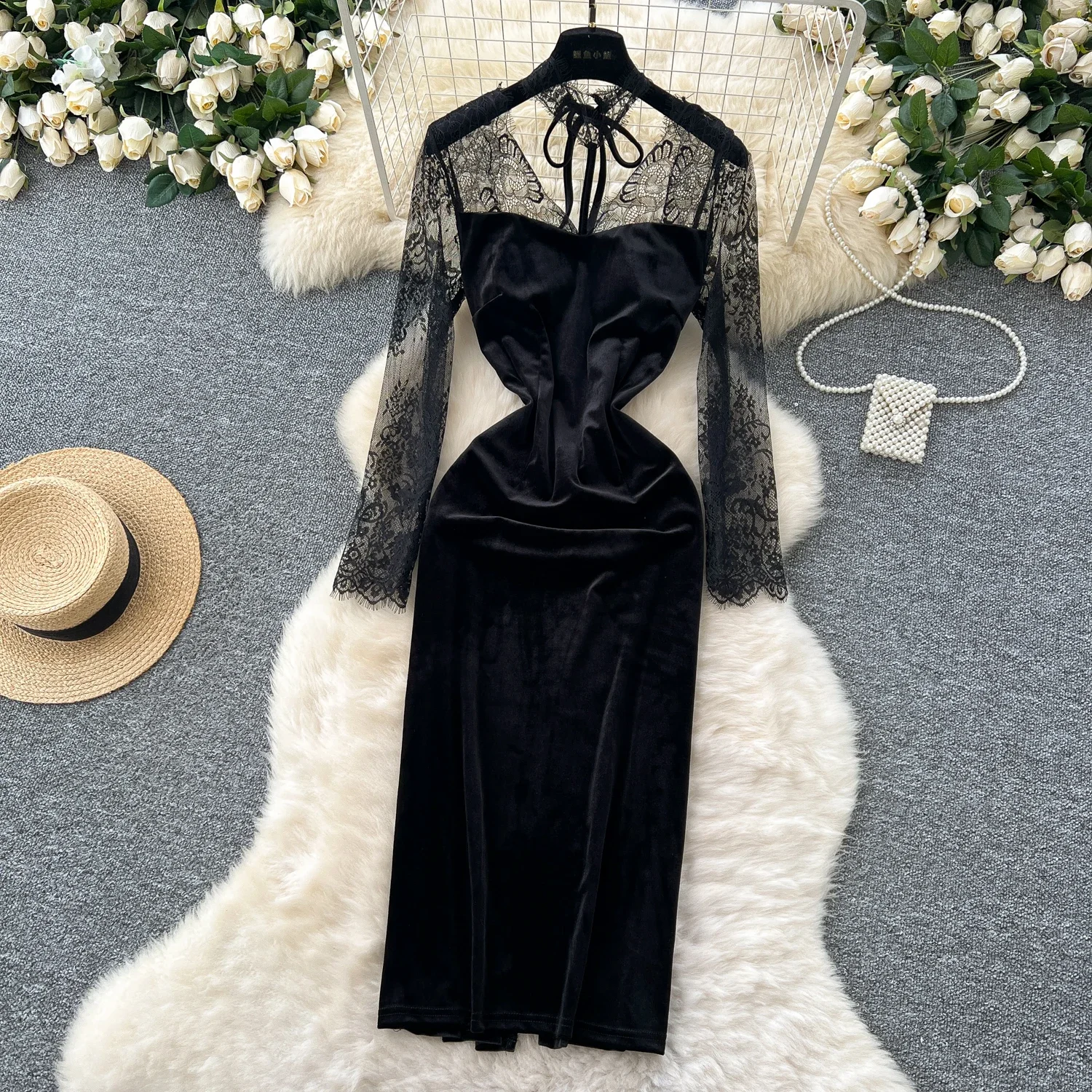 Elegant Long Sleeve Sexy V-neck Chic See Through Lace Spliced Velour Split Slim Dress Evening High Street Autumn Winter Clothing