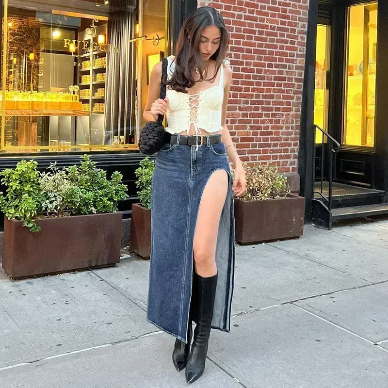 2023 sommer Split Heraus Denim Rock Jeans Frauen Casual Langen Rock Niedrigen Taille Jean Streetwear Neue Midi Bleistift Rock Y2k neue